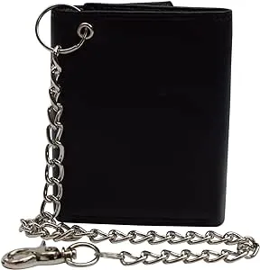 Men's RFID Blocking Premium Leather Chain Trifold Wallet (Black with Chain)