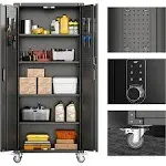 Aobabo 72&quot; H Metal Garage Storage Cabinet with Wheels, Digital Locking Steel Storage Cabinet with 2 Pegboard and 4 Adjustable Shelves, Assembly