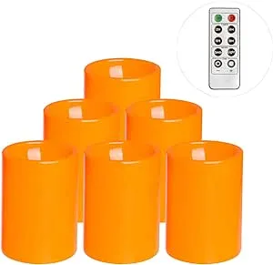 Flameless Flickering Plastic Led Candle, 6-Pack Battery Operated Pumpkin Color Remote Candle With Timer ,Fall, Autumn, Halloween Outdoor Decorations, 3x4 inch