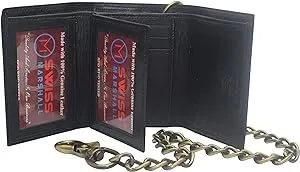 Men's RFID Blocking Premium Leather Chain Trifold Wallet (Black with 15 inch Brass Chain)