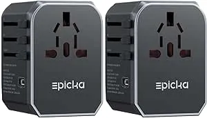 EPICKA 2 Pack Universal Travel Adapter, International Plug Adapter with 4 USB-A & 1 USB-C Ports, Travel Power Adapter Worldwide, All-in-One Wall Charger for US to EU UK AUS (Black)