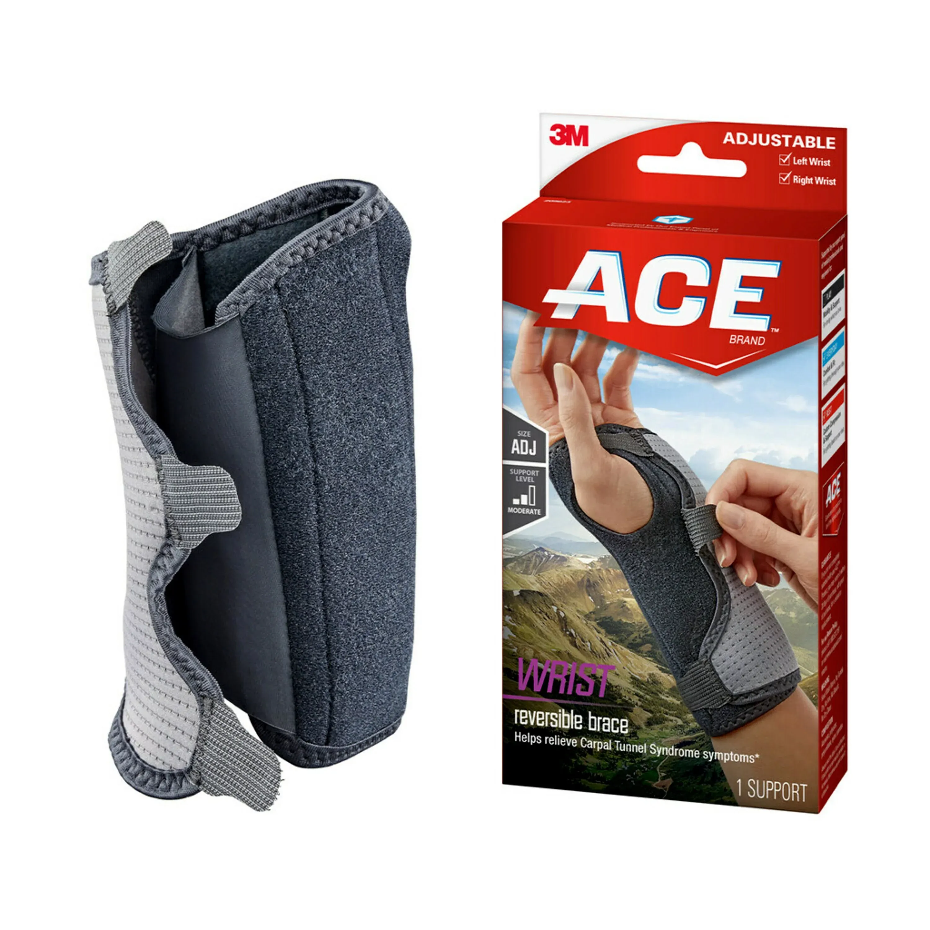 ACE Brand Reversible Splint Wrist Brace, Adjustable, Gray