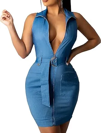 Denim Dress for Women Bodycon Sexy Short Sleeve Jean Split Workwear Dresses with Zipper Club Party Night