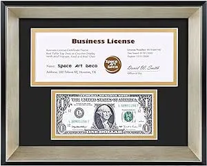 Space Art Deco, 8.5x11 Business License Frame, Black Over Gold Double Mat with Dollar & 4x9 Business License Openings, Easel Stand, Sawtooth Hanger (Dark Brown Textured)