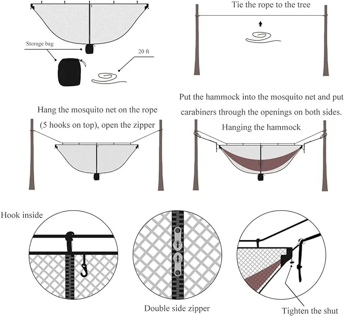 Hammock Bug Mosquito Net XL 11x4.6FT No-See-Ums Polyester Fabric for 360 Degree Protection Dual Sided Diagonal Zipper for Easy Access Fits All Hammocks