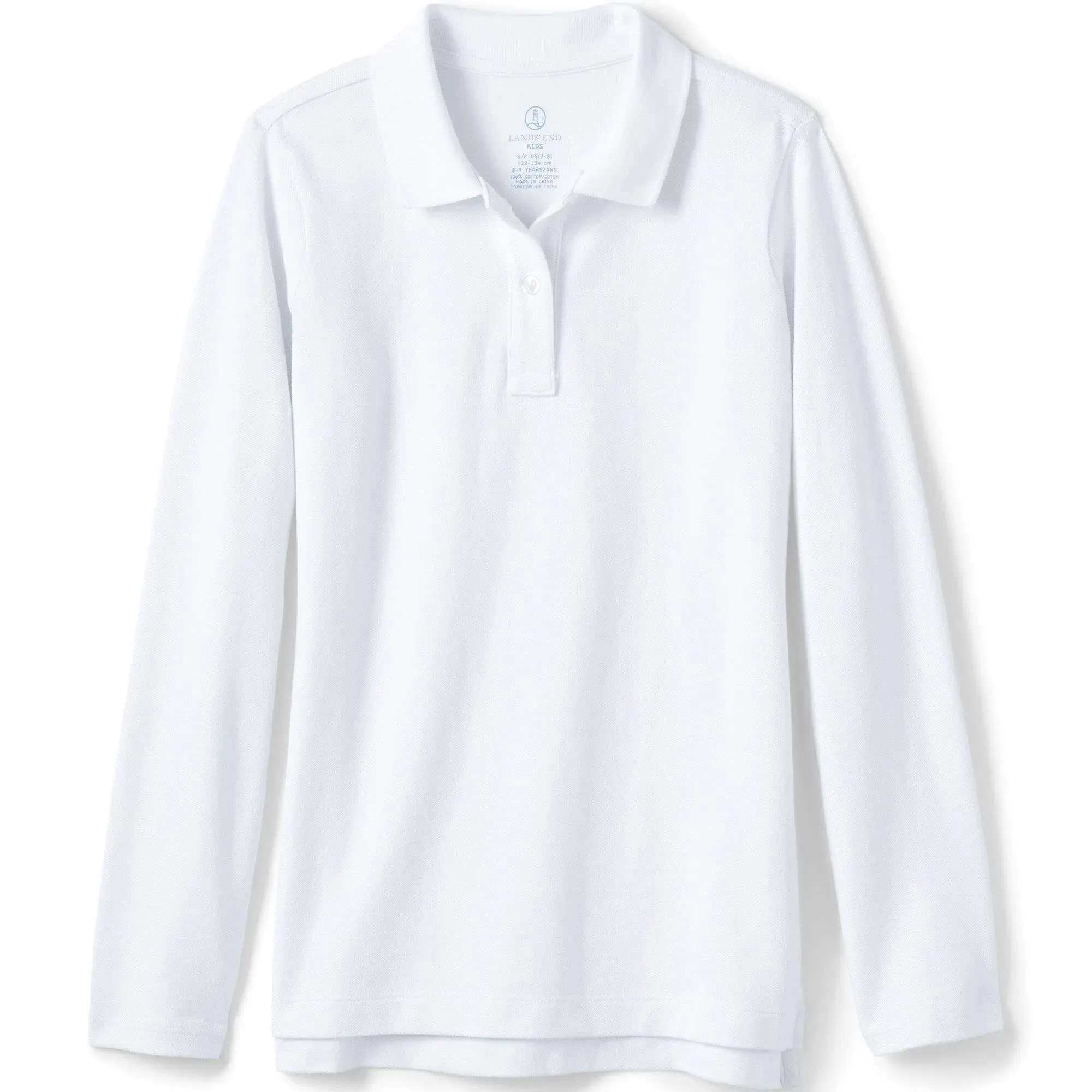 Lands' End Girls Long Sleeve Feminine Fit Mesh Polo Shirt - White