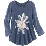 Jess Jane Women's Watercolor Daisy Print Tunic Shirt 3 / 4 Sleeves Blue, Navy Blue, Small