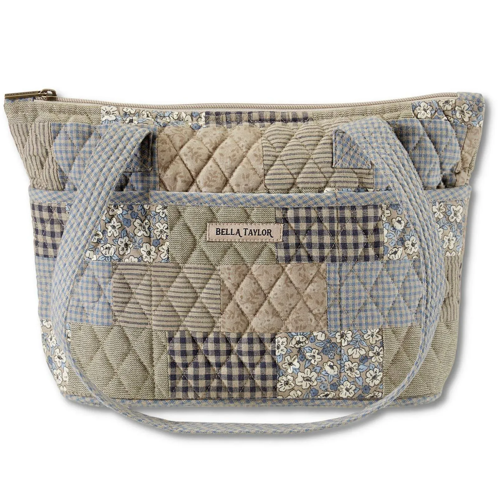 Bella Taylor Small Tote | Lightweight Quilted Fabric Purses Khaki Patchwork 