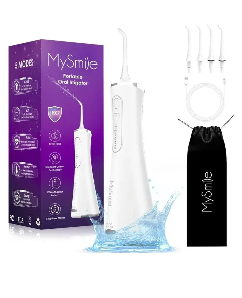 MySmile LP211 Cordless Advanced Water Flossers for Teeth 5 Cleaning Modes Rechargeable Power Dental Flosser 8 Replacement Jet Tips IPX 7 Waterproof