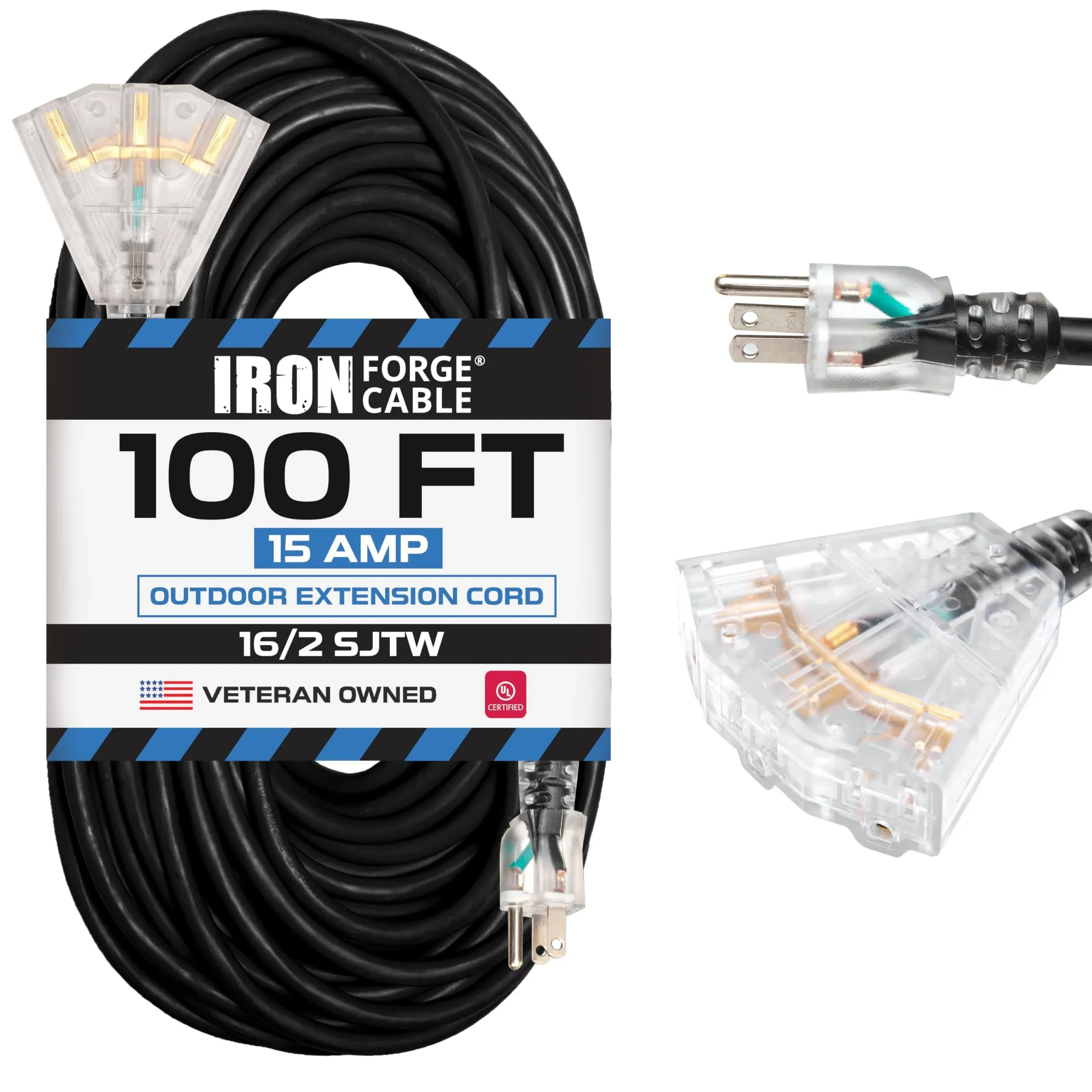 IRON FORGE CABLE 100 Ft Heavy Duty Extension Cord with 3 Outlets, SJTOW Oil Resistant 12 Gauge Cord 100ft with Multiple Outlets, Flame Resistant 12/3 Black Cable with 3 Prong for Farm & Ranch