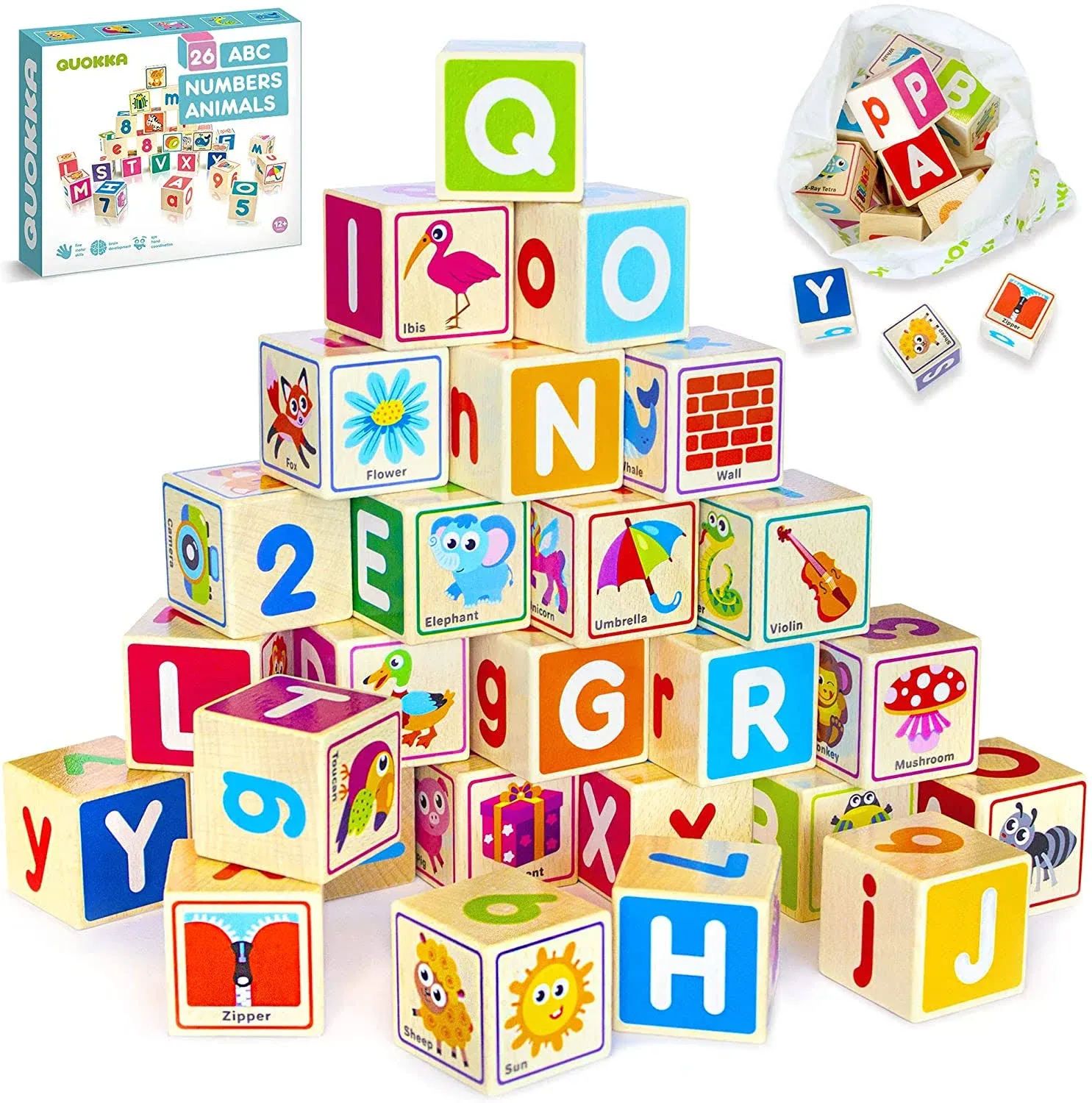 Quokka Wooden Puzzles Blocks for Toddlers 1-3 Large - 26 Alphabet and Numbers Baby Blocks for Kids Ages 2-4 Gift Wood Stacking & Building Toys for