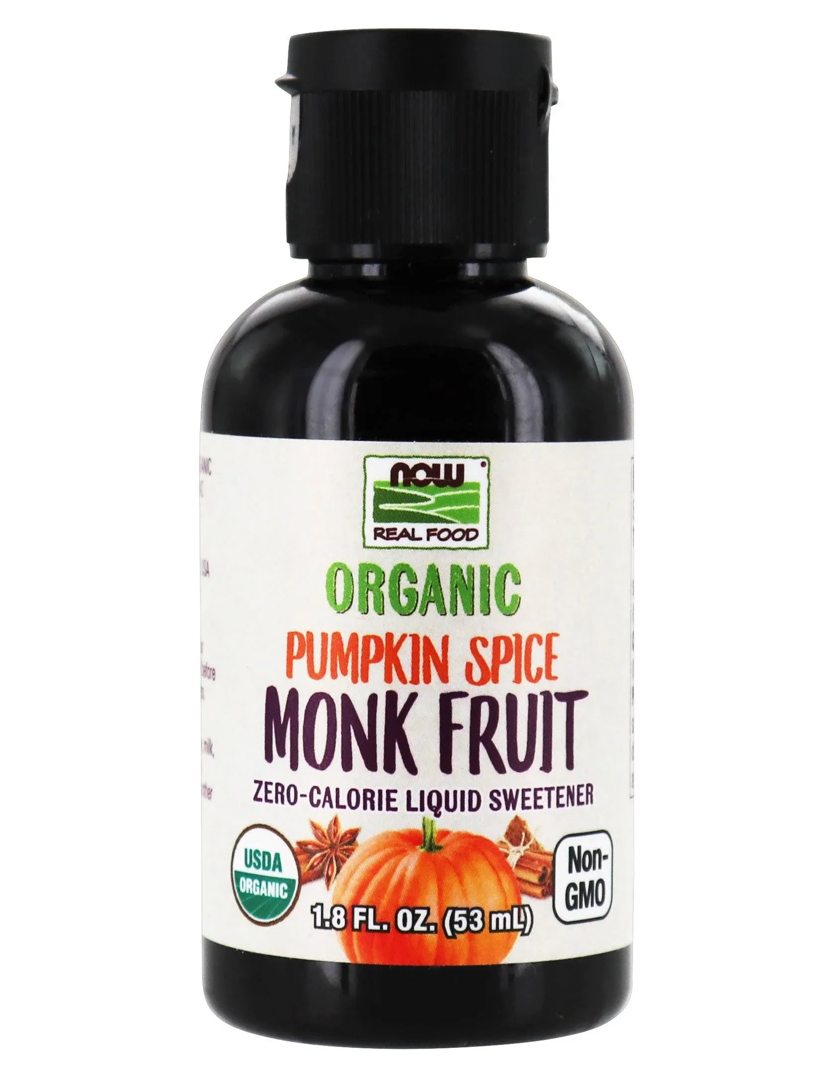 NOW Foods, Real Food, Organic Monk Fruit, Zero-Calorie Liquid Sweetener, Pumpkin Spice, 1.8 fl oz (53 ml)