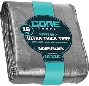 Core Tarps Extra Heavy Duty 16 Mil Tarp Cover, Waterproof, UV Resistant, Rip and Tear Proof, Poly Tarpaulin with Reinforced Edges for Roof, Camping, Patio, Pool, Boat (Silver/Black 10′ X 20′)