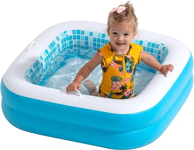 Baby Pool with Grip Handles, Padded Floor, DRAIN; Bathtub & Ball Pit for Toddlers, 34" Summer Blue