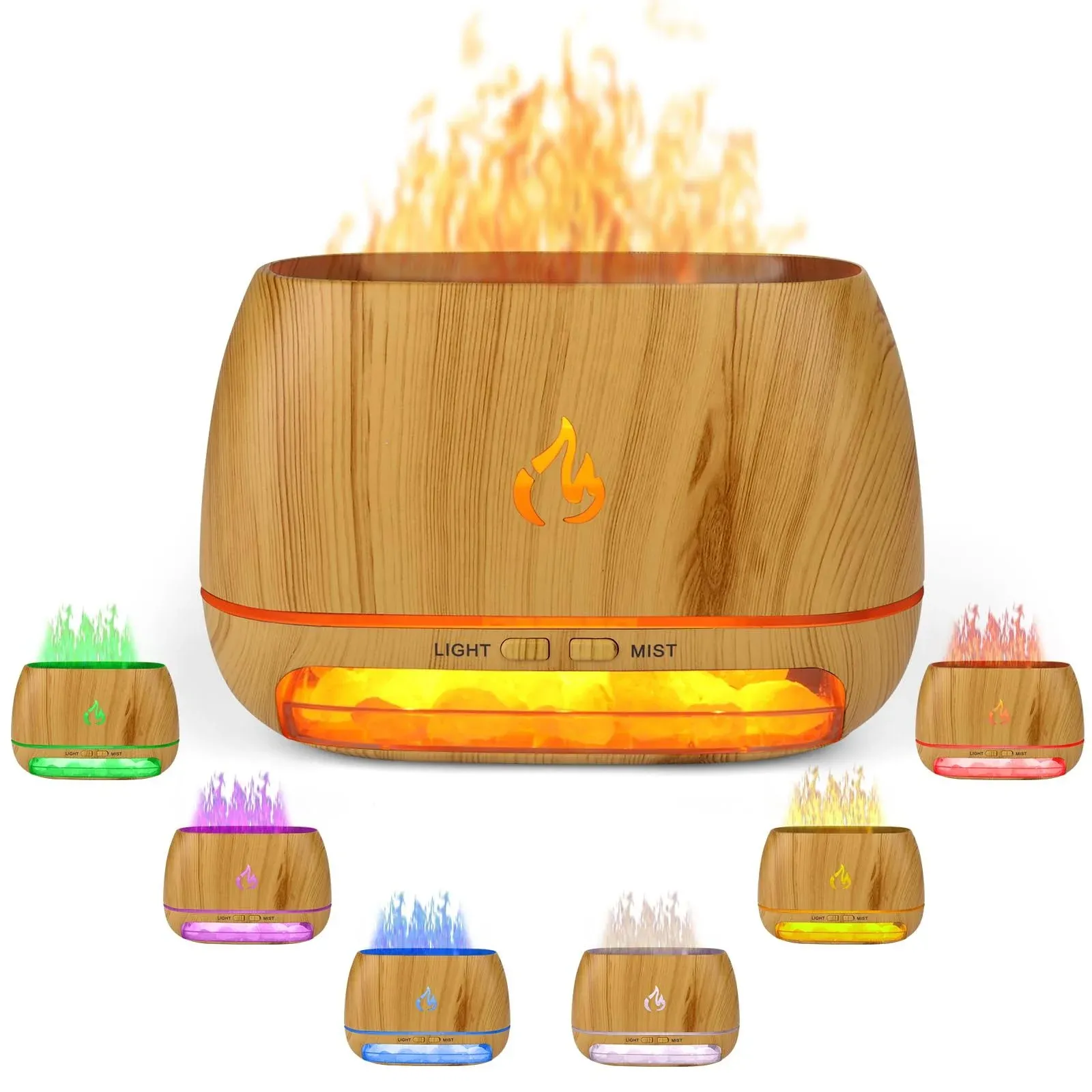 3-in-1 Himalayan Salt Rock Scent Diffuser, Ultrasonic Essential Oil Diffuser, Simulation Flame Diffuser,7 Colors Changing Oil Diffuser（Wood Grain 200ml）