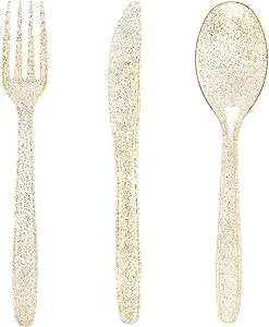 WDF 360 Gold Plastic Silverware - Disposable Gold Glitter Plastic Cutlery - Plastic Silverware inluding: 120 Gold Forks, 120 Gold Spoons, 120 Gold Knives for Wedding/Party