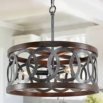 2024 Upgraded Farmhouse Wood Drum Chandeliers for Dining Room, 3-Light Round Modern Black Iron Barrel Pendant Lighting for Kitchen Island, Rustic Entry Light Fixtures Ceiling Hanging for Foyer