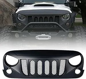 Xprite Front Matte Black Transformer Grille Grid Grill W/Mesh Compatible with 2007-2018 Jeep Wrangler Rubicon Sahara Sport JK