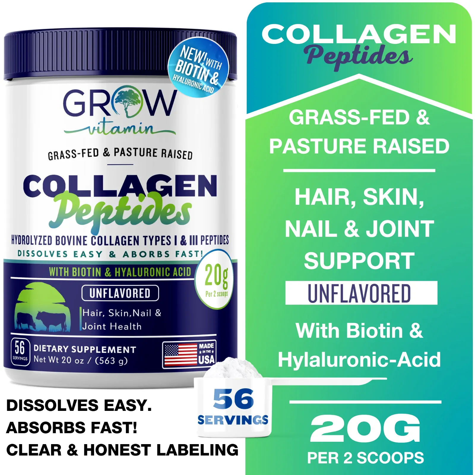 Collagen Peptides - Hair, Skin, Nail, and Joint Support - Type I &amp; III Collagen 