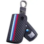 JKCOVER Key Fob Holder Protector Compatible with BMW Remote Fob, M-Colored Stripe Black Carbon Fiber Pattern Leather Key Cover with Keychain (for Older 1 3 5 6 Series X5 X6 Z4)