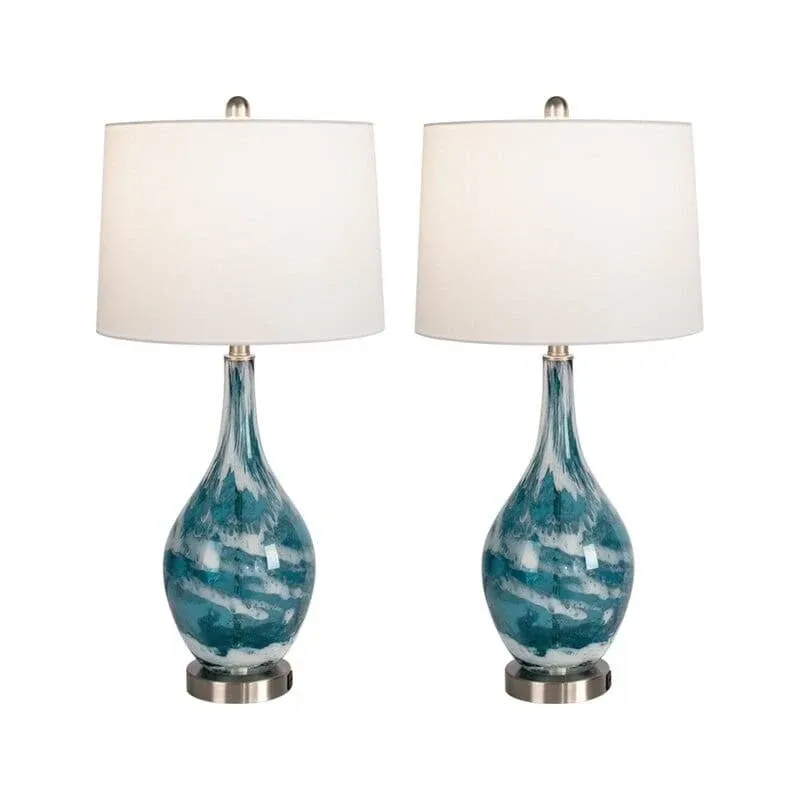 Table Lamps Set of 2, Modern Blue Glass Bedside Lamps with 2 USB Ports, 25&#034; 3-Co