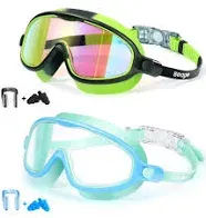 Seago Swim Goggles 2 Pack Anti-Fog Anti-UV Wide View Light Blue &amp; Black/Green 