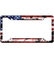 Custom Patriotic USA License Plate Frame Quality Aluminum License Plate Cover American Flag Design License Plate Veteran Patriot Novelty License Plate Frame