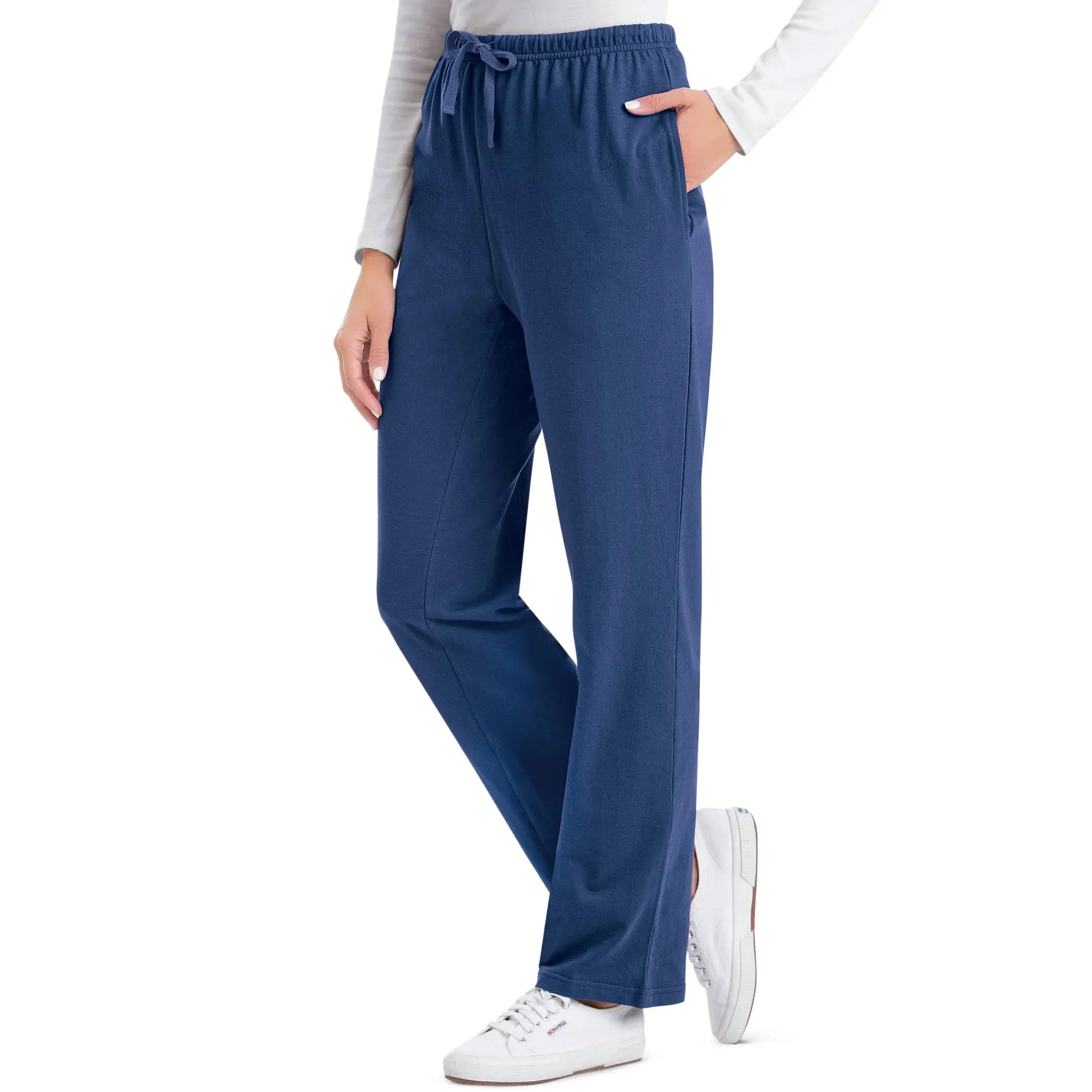 Collections Etc Comfortable Elastic Waist Cotton Drawstring Knit Pants, Navy, Medium