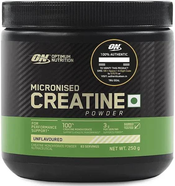 QRA Optimum Nutrition (ON) Micronized Creatine Powder - 250 Gram, 83 Serves, 3g of 100% Creatine Monohydrate per Serve, Supports Athletic Performance & Power, Unflavored