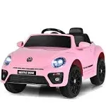 Costzon Ride on Car, 12V Licensed Volkswagen Beetle Battery Powered Vehicle w/Remote Control, Spring Suspension, Lights, USB, Horn, Music, 4 Wheeler for Boy Girl Gift, Electric Car for Kids, Pink