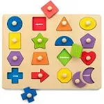 Coogam Montessori Toy Wooden Shape Peg Puzzle, Fine Motor Color Matching Sorting Board, Early Learning Educational Activity Toy Gift for Preschool