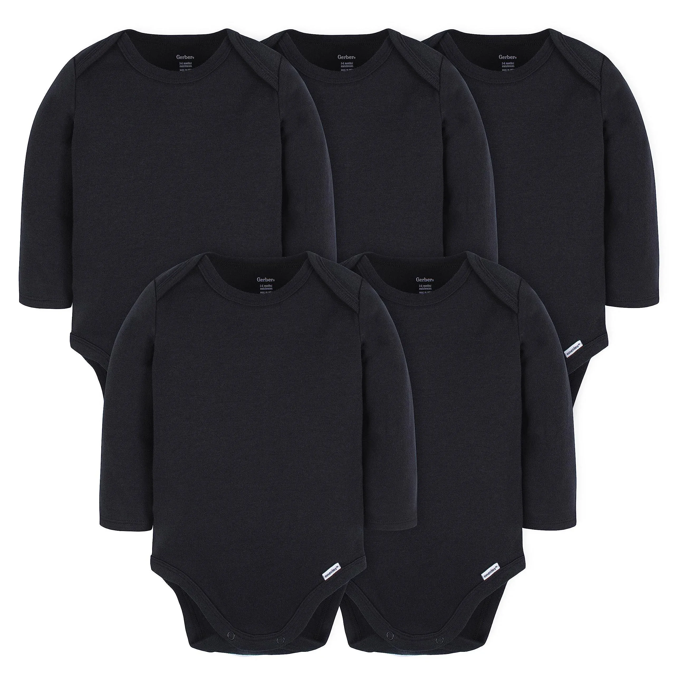 Gerber 5-Pack Baby Black Premium Long Sleeve Onesies Bodysuits - 12mo