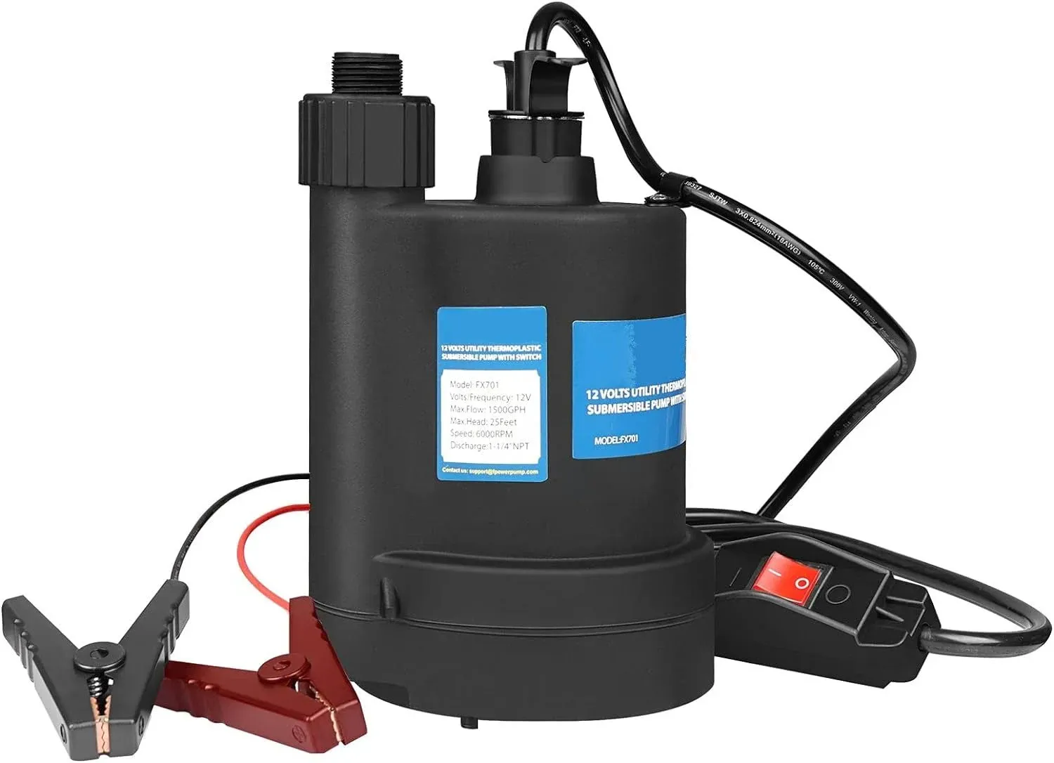 FlowPac Water Pump Submersible Pump DC 12V Sump Pump 1500 GPH Utility Pump with Switch-Black