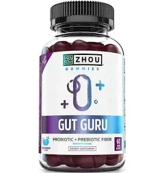 Zhou Nutrition Gut Guru Blue Raspberry Digestive Health, 60 Gummies BB 05/23