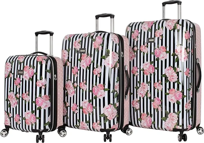 Betsey Johnson Designer Luggage Collection - Expandable 3 Piece Hardside Lightweight Spinner Suitcase Set (Stripe Roses)