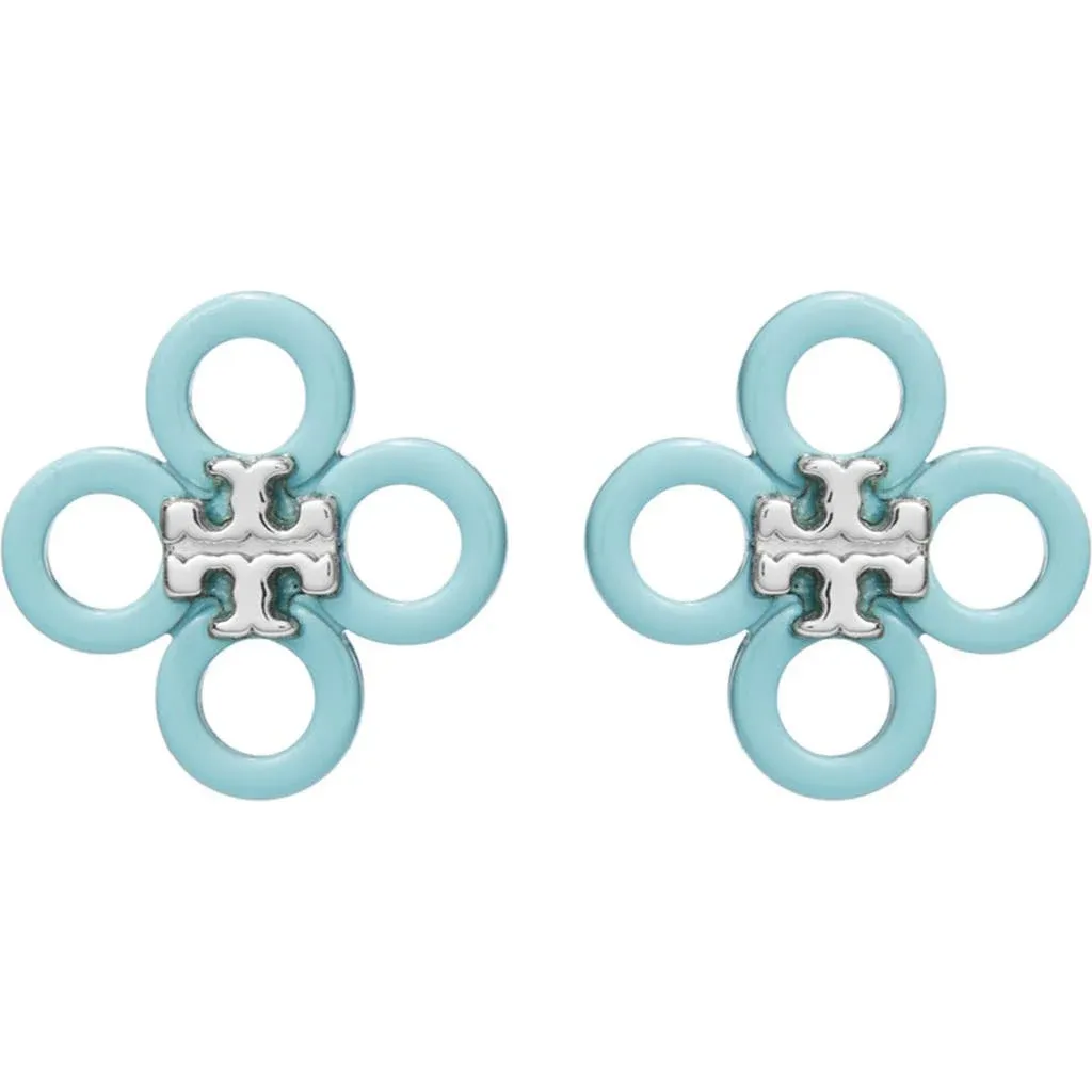 Tory Burch Small Kira Enamel Clover Stud Earrings in Tory Silver /Blue