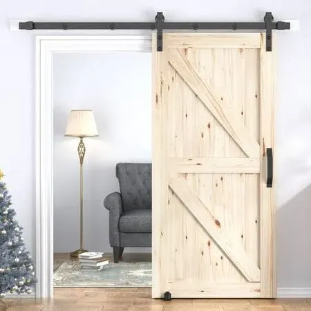 K Model 84 in. Unfinished Natural Solid Wood Interior Sliding Barn Door with Hardware Kit