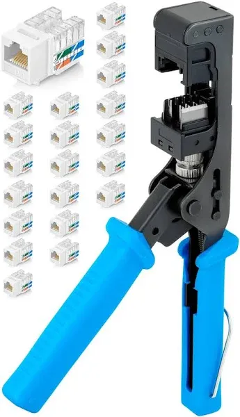 Everest easyJACK - 90° Angled Speed Termination Keystone Tool - with 20-Pack of RJ45 Cat6 Keystone Jacks in Yellow - RJ45 Punch Down Tool Cat6, Network Punch Down Tool, Punchdown Tool Cat6