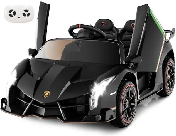 INFANS 2 Seater Kids Ride on Car, 12V 4WD Licensed Lamborghini Veneno Powered Electric Vehicle with Hydraulic Doors, Rocking Mode, Adjustable Speeds, Remote Control, MP3, Headlight (Black)