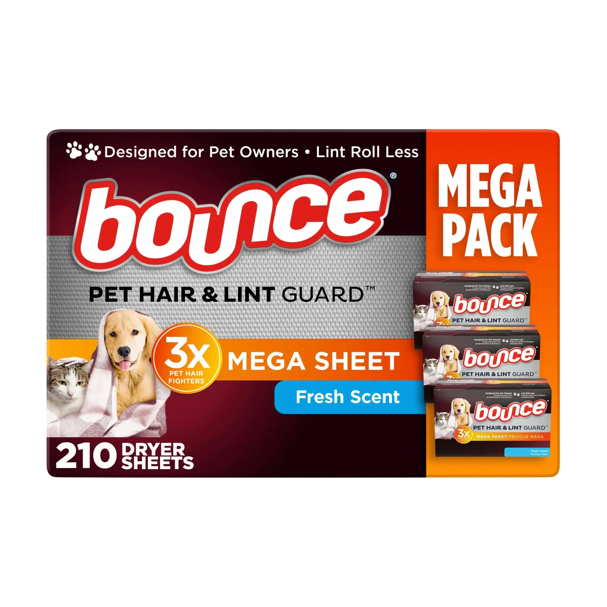 Bounce Pet Hair and Lint Guard Mega Dryer Sheets, Fresh Scent - 210 ct