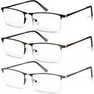 3 Pack Blue Light Blocking Reading Glasses for Men, Stylish Half Frame Metal Computer Readers, Lightweight Spring Hinge Eyeglasses Anti Eyestrain/Glare/UV (2PCS Gray+1PCS Black,+3.0)