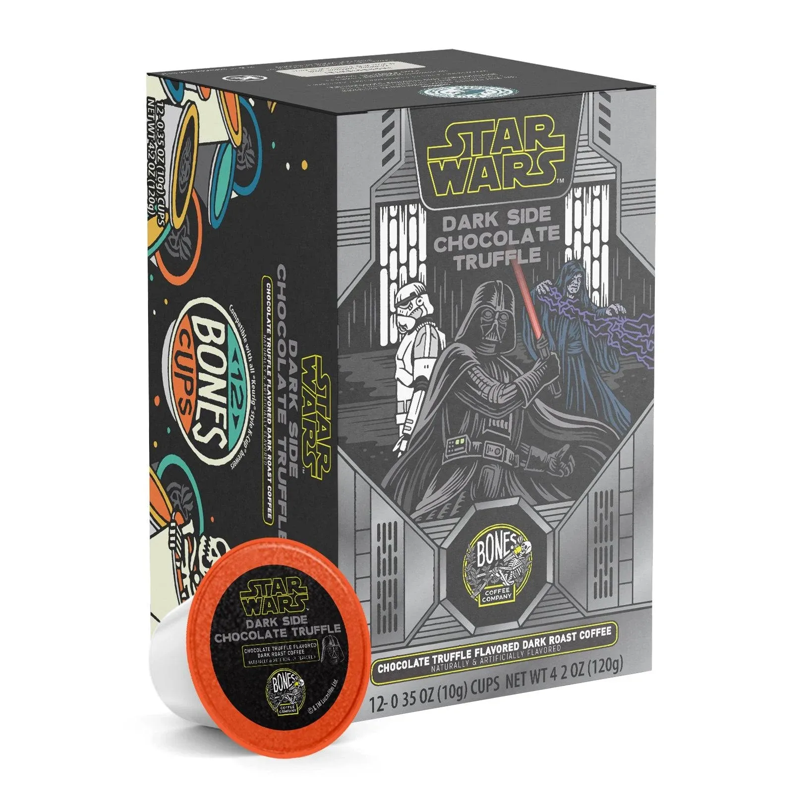 Bones Coffee Company Flavored Coffee Bones Cups Dark Side Chocolate Truffle Flavored Pods | 12ct Single-Serve Coffee Pods Star Wars Inspired Coffee