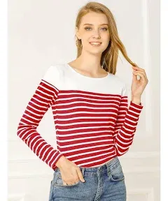 Allegra K Women's Slim Fit Long Sleeve Striped T-Shirt Round Neck Tops