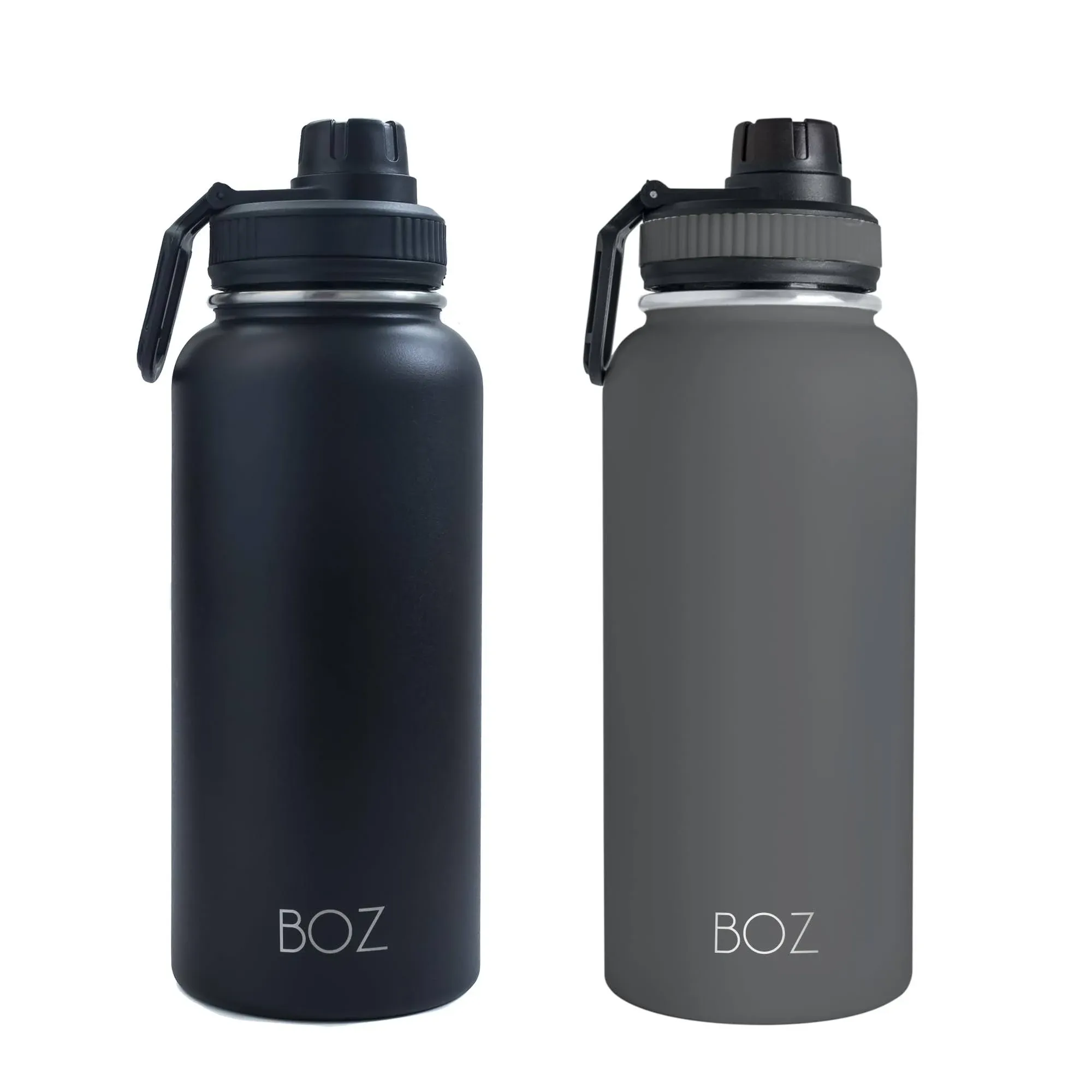 Boz Stainless Steel Water Bottles 2 Pack Bundle - Grey Water Bottle + Black Water Bottle - Insulated Water Bottles 1L - Wide Mouth BPA Free Metal Wat