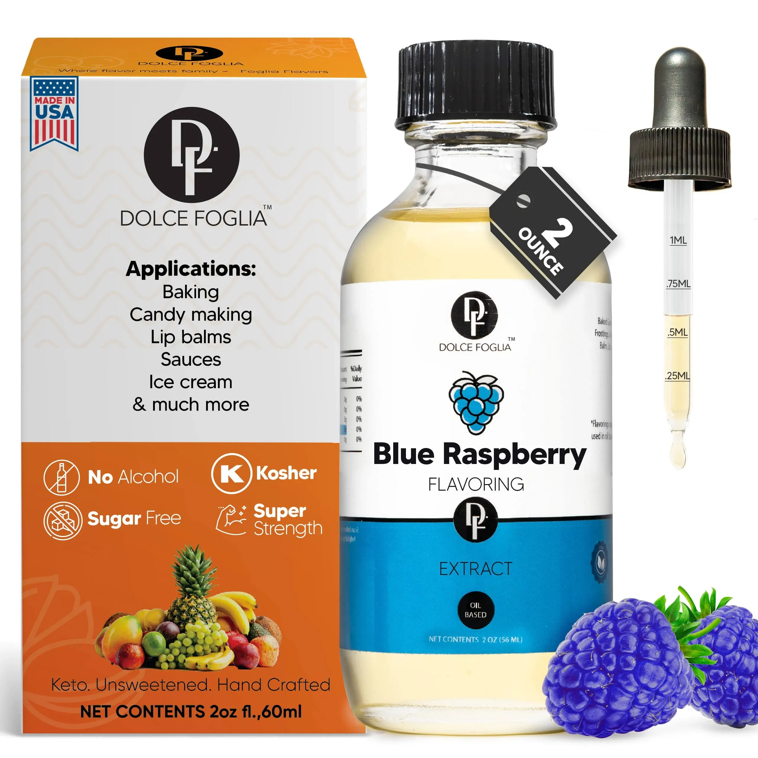 Dolce Flav Blue Raspberry Extract - 2 Ounce Oil-Soluble Multipurpose Flavoring Ideal for Candy Making, Baking, Lip Balm, and Ice Cream - Blue