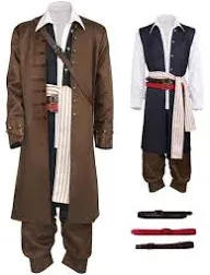 Adult Captain Jack Sparrow Cosplay Costume Suit Mens Pirates Uniform Coat Caribbean Halloween Outfit Jacket Shirt Pants (Brown, Large)