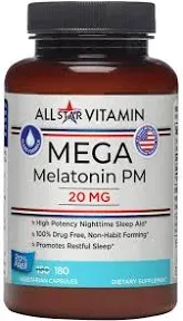 Mega-Melatonin 20 mg, High-Potency, 180 Capsules - Made in USA