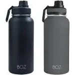 Boz Stainless Steel Water Bottles 2 Pack Bundle - Grey Water Bottle + Black Water Bottle - Insulated Water Bottles 1L - Wide Mouth BPA Free Metal Wat