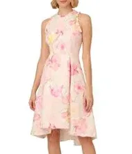 Floral Jacquard High Low Halter Dress With Ruffle Trim In Pink Multi