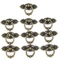 10 PCs Vintage Distressed Antique Brass Finish Ring Pulls Handles for Cabinet Cupboard Drawer Dresser, Length 2.5-in (6.5 cm) and Width 1.8-in (4.7 cm)